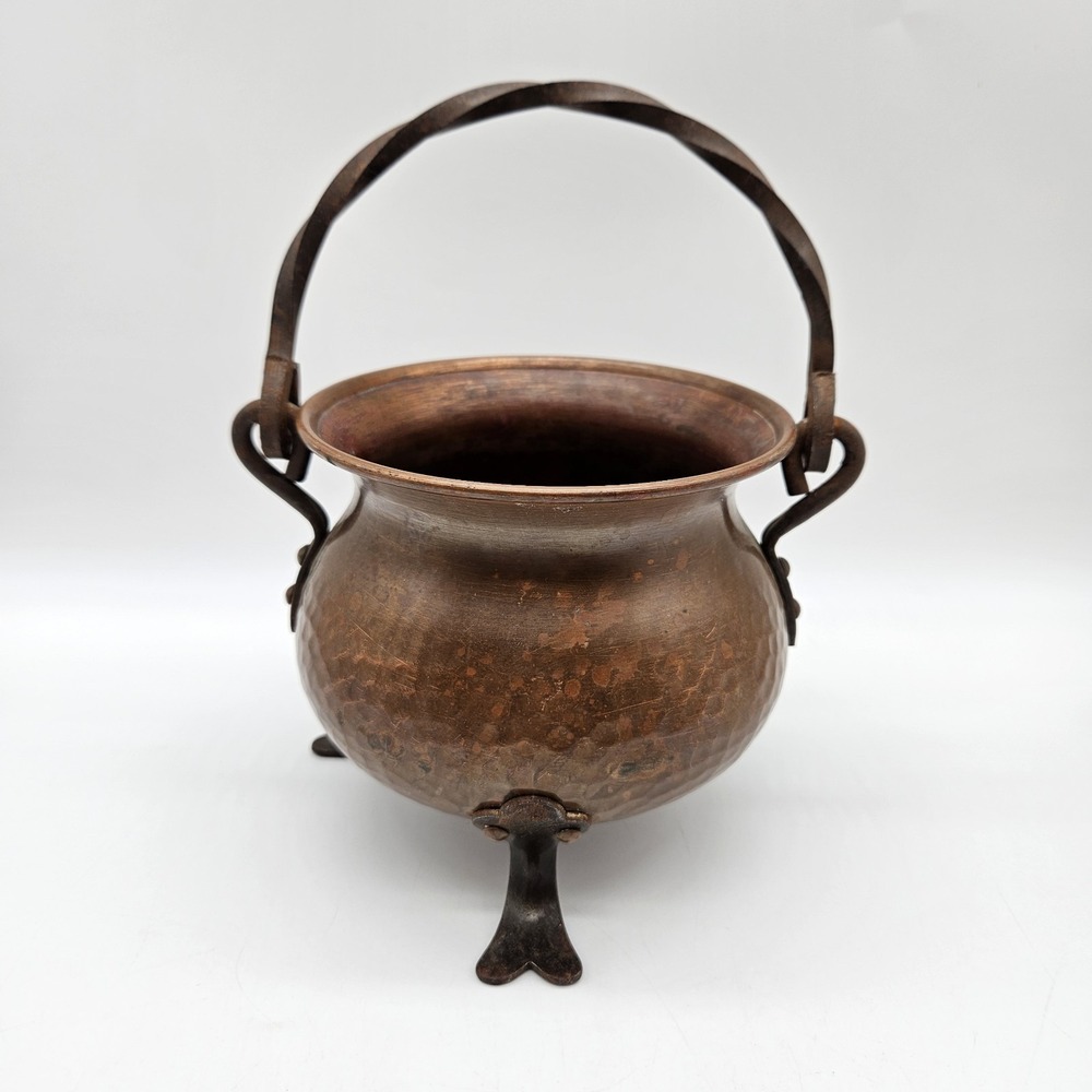 VTG Hammered Copper Cauldron Pot Footed Made in Germany Wrought Iron Handle 5"